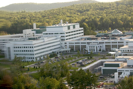 Aerial photo of the Dartmouth Cancer Center and Emergency Department entrances