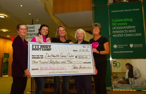 Judy Csatari, Lanni West, Michelle Chadburn, Cindy Bolduc and Patti Friedman stand from left to right holding large check.