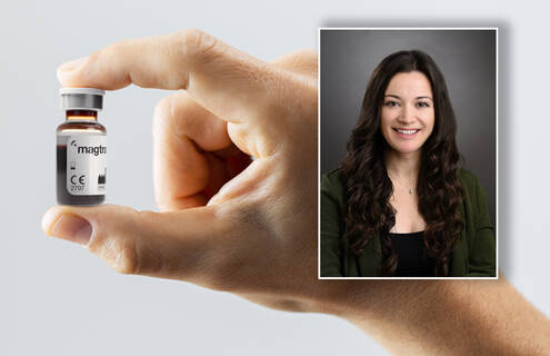 Headshot of Kimberly G. Ellis, MD, superimposed over hand holding vial of Magtrace
